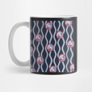 Traditional Japanese Floral Tatewaku Spring Flowers Pattern with Sakura Cherry Blossom, Camellia, and Wisteria in Navy Indigo and Red Mug